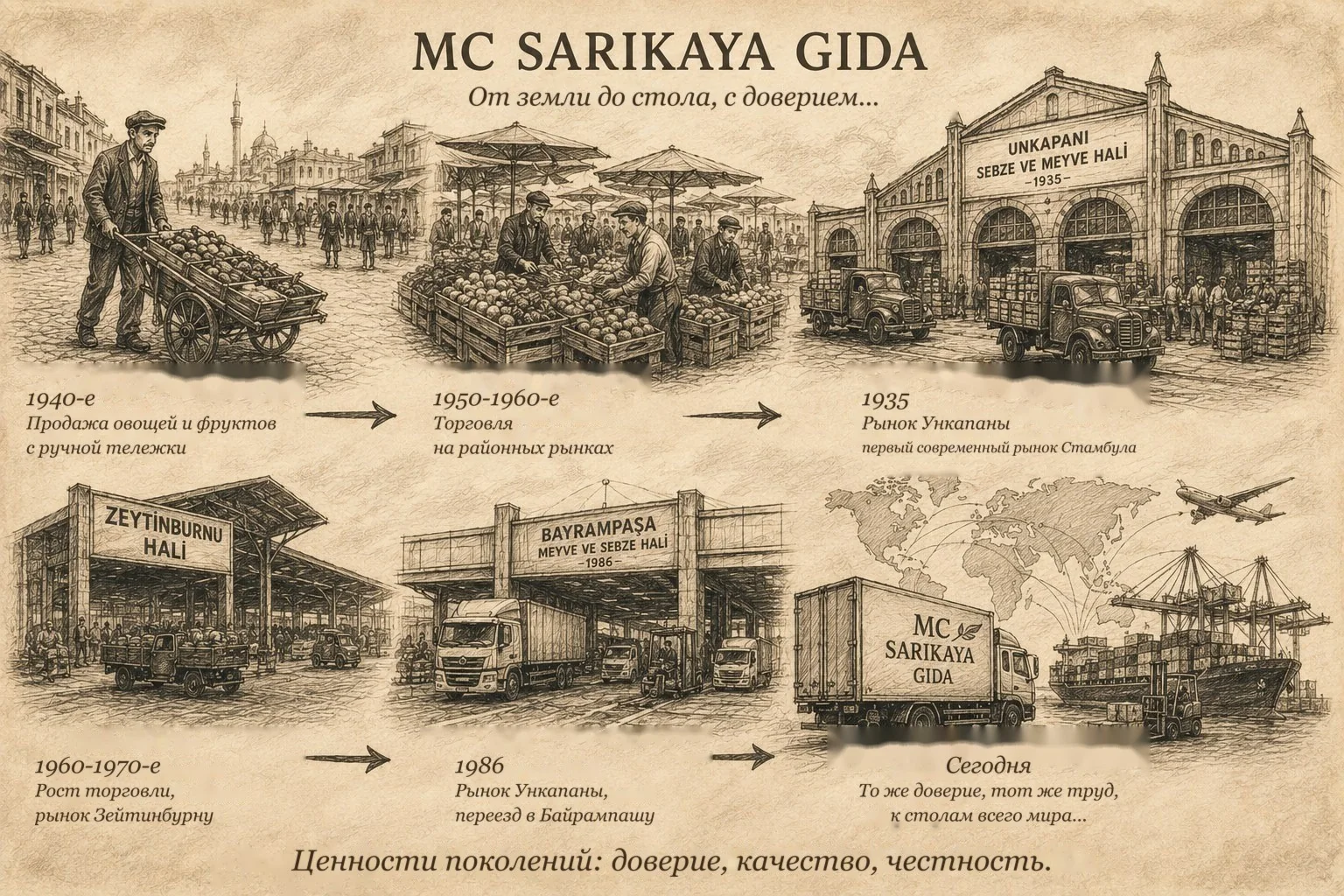 Иллюстрация пути компании MC Sarıkaya Gıda с 1940-х годов до наших дней: торговля с ручной тележки, районные рынки, оптовые рынки и экспорт на мировые рынки
