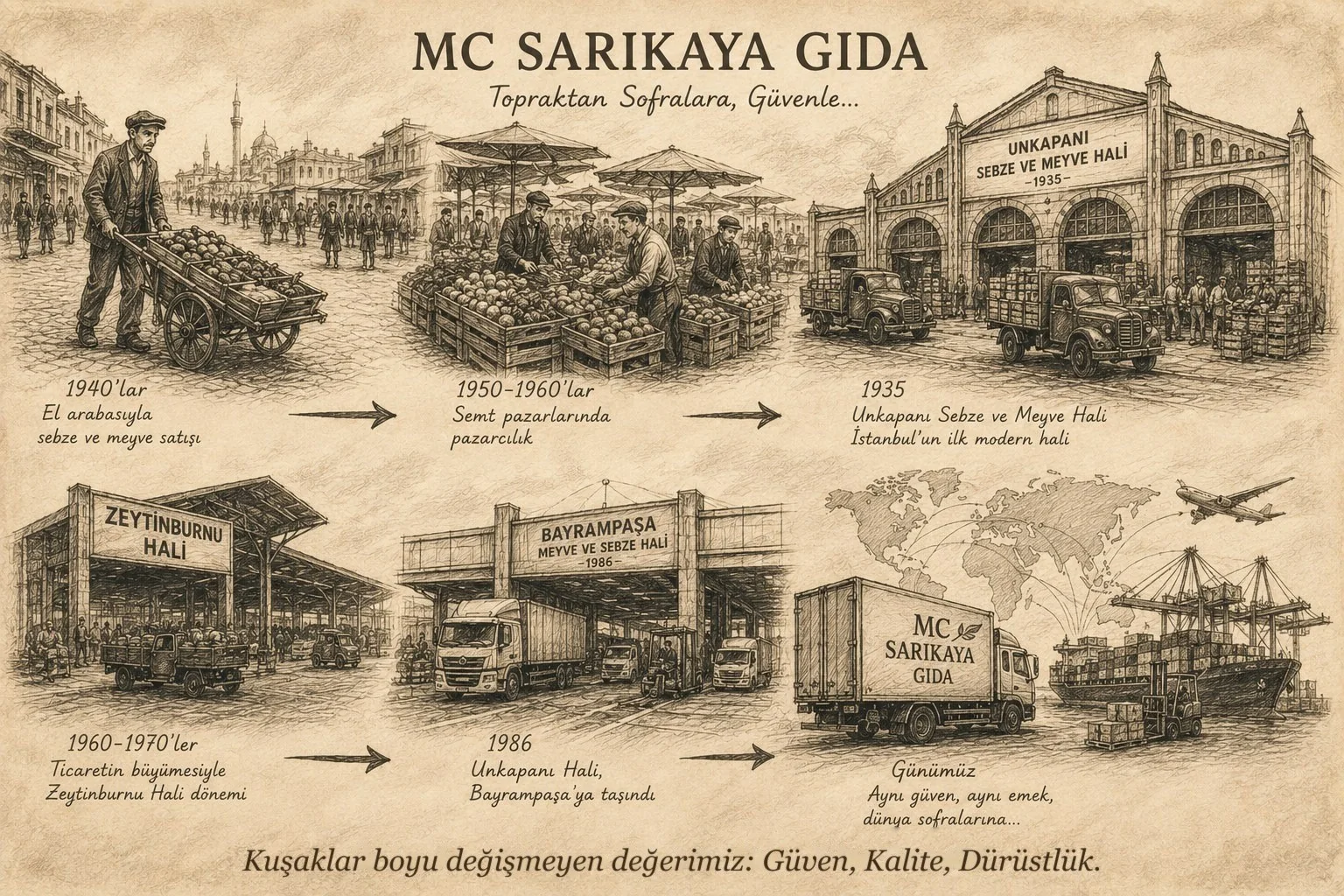 MC Sarıkaya Gıda'nın 1940'lardan bugüne uzanan yolculuğunu gösteren illüstrasyon: el arabası, semt pazarı, hal ticareti ve dünya pazarlarına ihracat